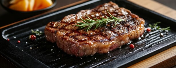 Juicy Grilled Steak with Rosemary on Sizzling Hot Plate