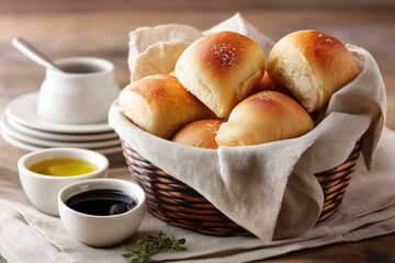 Basket of ciabatta rolls wrapped in a cloth napkin, served alongside a dipping bowl of olive oil and balsamic vinegar.