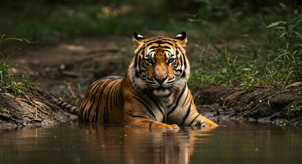 Tiger Resting in Water Looking at Camera Wildlife Scene