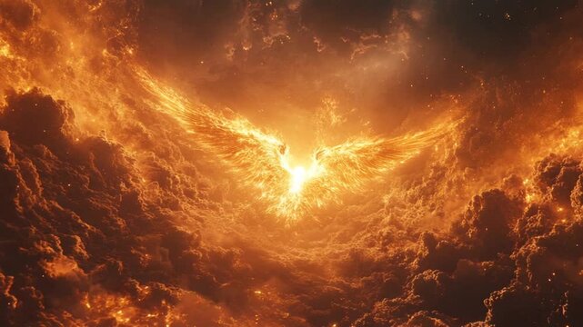 Majestic fiery phoenix rising amidst dramatic clouds at sunset
