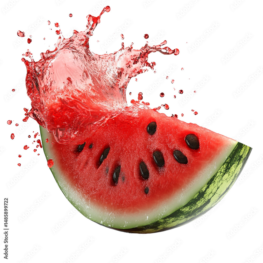 Aufkleber Refreshing Watermelon Slice with Exuberant Splash Isolated on White Backdrop