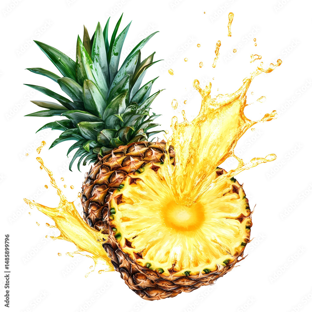 Poster fresh pineapple slice with juice splashing in the air on white backdrop