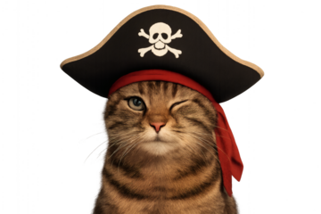 Winking pirate cat in hat with skull symbol on transparent background, funny feline costume illustration
