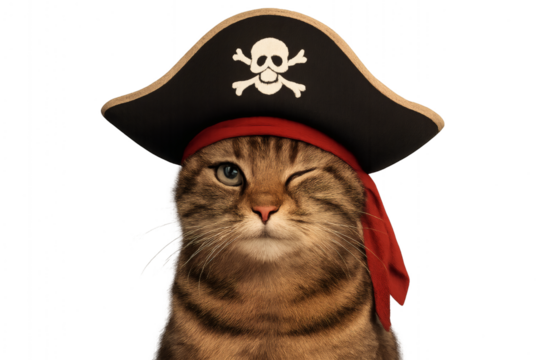 Winking pirate cat in hat with skull symbol on transparent background, funny feline costume illustration