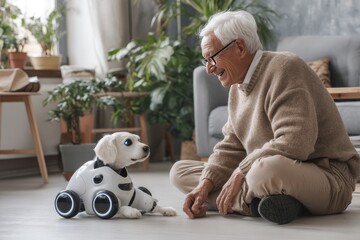 Elderly man playing with a robot dog in a modern smart home, photorealistic digital art, heartwarming scene