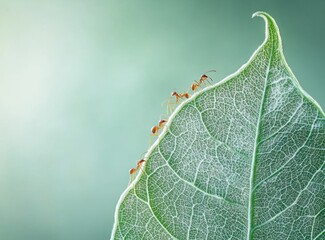 Ants collaborating, climbing a leaf vein, teamwork concept.