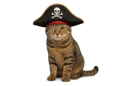 Sitting pirate cat winking with skull hat and red bandana on transparent background, cosplay animal concept