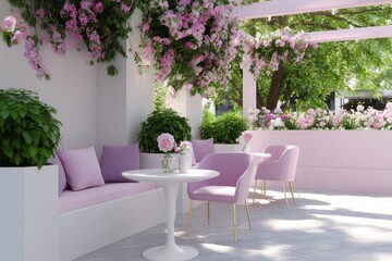 Fototapeta premium charming outdoor coffee shop patio with pastel pink and purple accents, surrounded by lush greenery