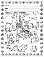 Bold and Easy Cozy Nooks Coloring Book for Adults and Kid.  
High resolution (300 DPI), 
Ready to print on standard 8.5x11 inch paper With (No Bleed), 
Black and White. 
Vector illustration - AI, EPS,