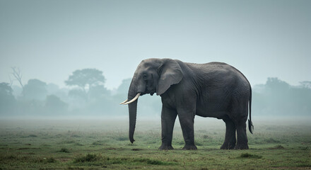 Obraz premium African elephant, Grassland, Fog, Solitary Elephant in Misty Savannah