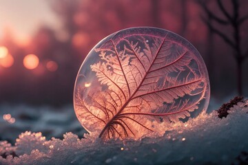 Frozen leaf encased in a winter bubble at sunset