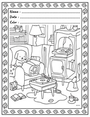 Bold and Easy Cozy Nooks Coloring Book for Adults and Kid.  
High resolution (300 DPI), 
Ready to print on standard 8.5x11 inch paper With (No Bleed), 
Black and White. 
Vector illustration - AI, EPS,