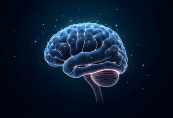 Fototapeta premium Glowing human brain illustration with neural network connections and sparkling particles on a dark blue background, representing intelligence, thought, and neurological activity.