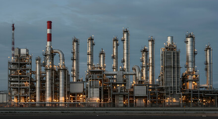 Obraz premium Factory, Plant, Petrochemical, Industrial Refinery at Dusk