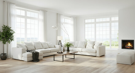 Interior, Design, Home, Modern White Living Room with Fireplace and Large Windows