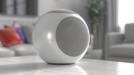 A white wireless speaker on a white surface, subtle texture, modern and sleek tech design