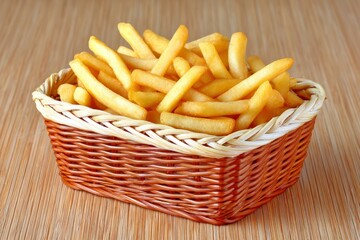 a realistic photo of hand seasoned fries served in a bamboo basket
