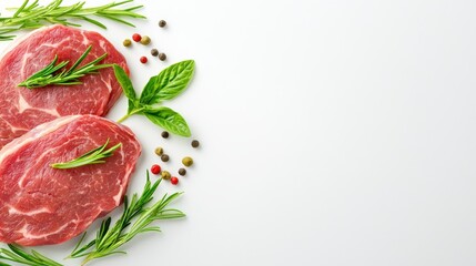 Two succulent raw beef steaks seasoned with fresh rosemary sprigs and colorful peppercorns are artfully arranged on a pristine white background leaving ample copy space.