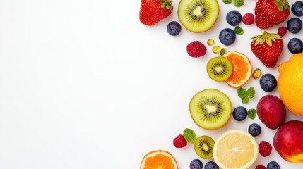 A vibrant arrangement of fresh berries, kiwi slices, citrus fruits, and supplements on a white background provides ample copy space for healthy lifestyle or nutrition related