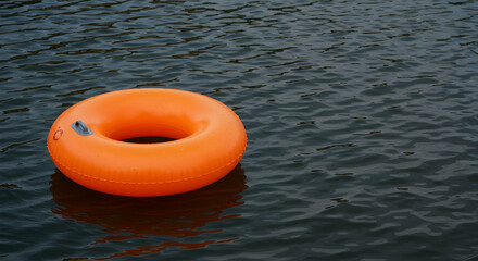 Obraz premium Floatie, Ring, Inner tube, Orange Inflatable Tube Floating on Calm Water