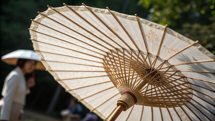 Korean traditional paper umbrella with bright colors and detailed cultural designs