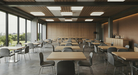 Design, Contemporary, Grey chairs, Modern Restaurant Interior with Wooden Tables and Chairs