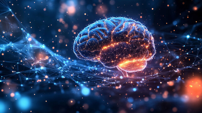 Illustration of neurogenetics and brain research featuring a glowing DNA strand in a futuristic, blue-toned polygonal style