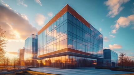 modern glass office building reflecting a sunset sky with scattered clouds and surrounded by trees in an urban setting