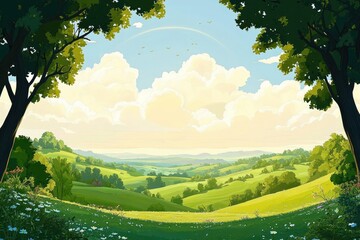 Sunlit rolling green hills under a blue sky with fluffy clouds and a faint rainbow, framed by tall trees and wildflowers in a serene countryside landscape