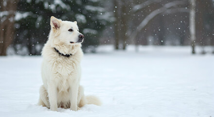 Forest, Trees, Cold, White Swiss Shepherd Dog in Snowy Winter Park