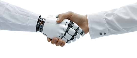 Humanoid robot shakes hands with man, offering partnership between artificial intelligence and human race