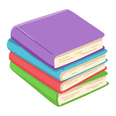 A charming and colorful illustration of a stack of four books. The books are neatly piled one on top of the other, with the largest at the bottom and decreasing slightly in size towards the top. 