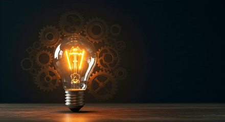 Innovation, Creativity, Invention, Illuminated Idea Glowing Light Bulb with Gears