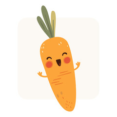 A happy, anthropomorphic carrot character with a joyful expression. This design is perfect for children's books, illustrations, greeting cards, healthy eating campaigns.