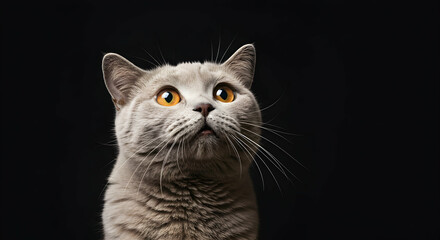 Obraz premium Grey cat, Gray cat, Feline, Curious British Shorthair Cat with Wide Eyes Against Black Background