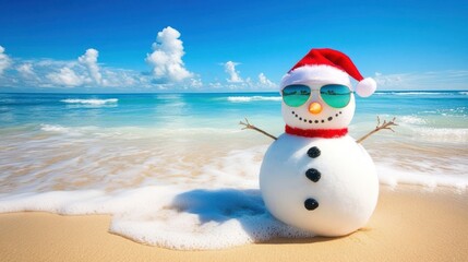 Festive snowman on sunny beach