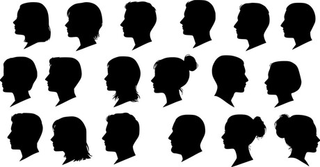 Vector silhouette of set of profile face of different people.
