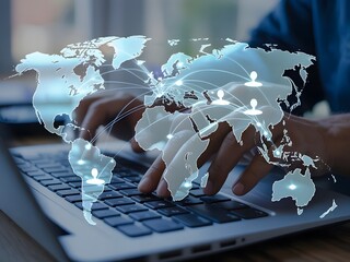 Global Network Connection Hands Typing on Laptop
