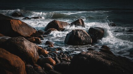 Obraz premium Dramatic Seascape with Waves Crashing on Rocky Shoreline at Sunset Creating Vibrant Textures and Beautiful Reflections