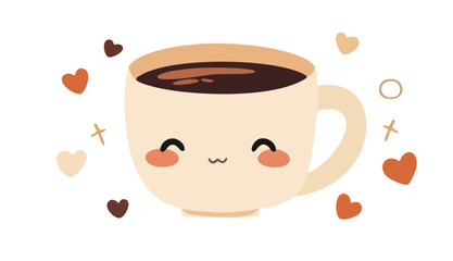  A light beige mug filled with a dark brown liquid, likely coffee or hot chocolate.  The liquid inside the mug appears to be steaming slightly, suggesting it's hot.
