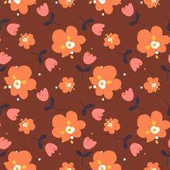 Cute seamless floral pattern with simple stylized orange and pink flowers on a burgundy background. Flat vector design featuring naive retro style blossoms. 