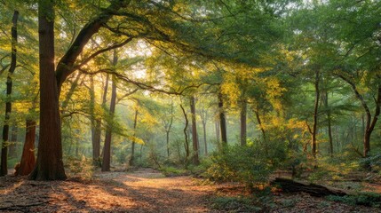 Tranquil Forest Landscape with Sunlight Filtering Through Trees in a Peaceful Natural Environment