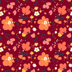 Whimsical stylized flowers in orange, yellow, and white dance on a dark red backdrop in this seamless vector pattern. Rounded petals, delicate stems with tiny leaves, and small white berries.