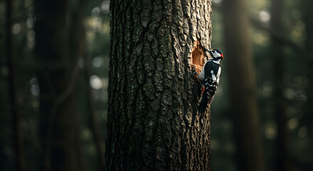 Woodpecker in Dense Woodland on Tree Bark PNG