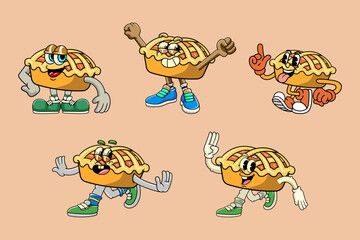 Set of Funny Pie Cake Food Cartoon Characters in Retro 70s Illustration