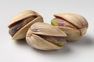 Close-up of three pistachios in shells.  The pistachios are light beige with dark brown flecks.  The shells are slightly open, revealing the inner green pistachio nut