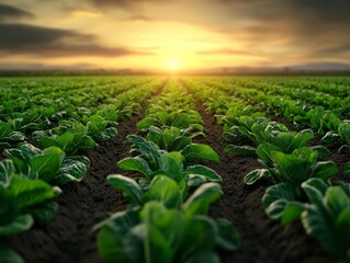 Rows of cabbage with dewdrops at dawn, symmetrical patterns and low-angle light 