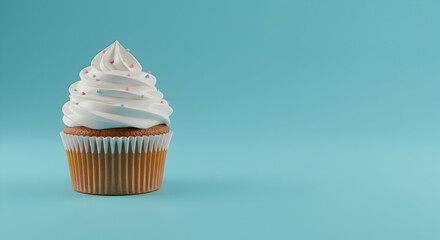 Sweet, Dessert, Bakery, Delicious Cupcake with Swirled Frosting and Sprinkles on Blue Background