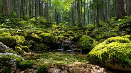 Obraz premium Tranquil Forest Scene with Lush Green Moss and Clear Water Stream Surrounded by Towering Trees and Natural Beauty