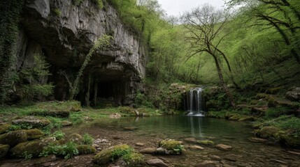 Serene Waterfall Among Lush Greenery in Enchanting Forest Landscape Perfect for Nature Lovers and Outdoor Enthusiasts